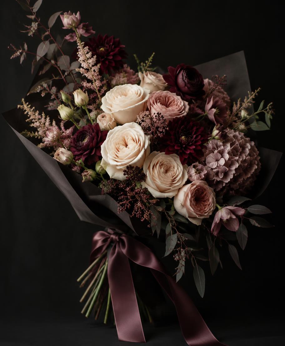 Luxury hand-tied bouquet with cream and burgundy flowers