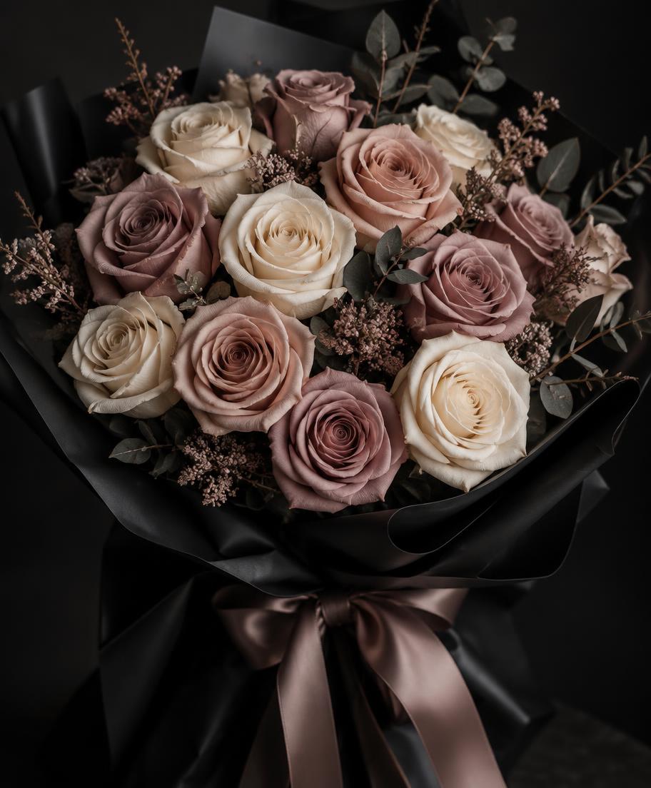 Antique blush and ivory eternal roses arranged in a dark wrapped bouquet