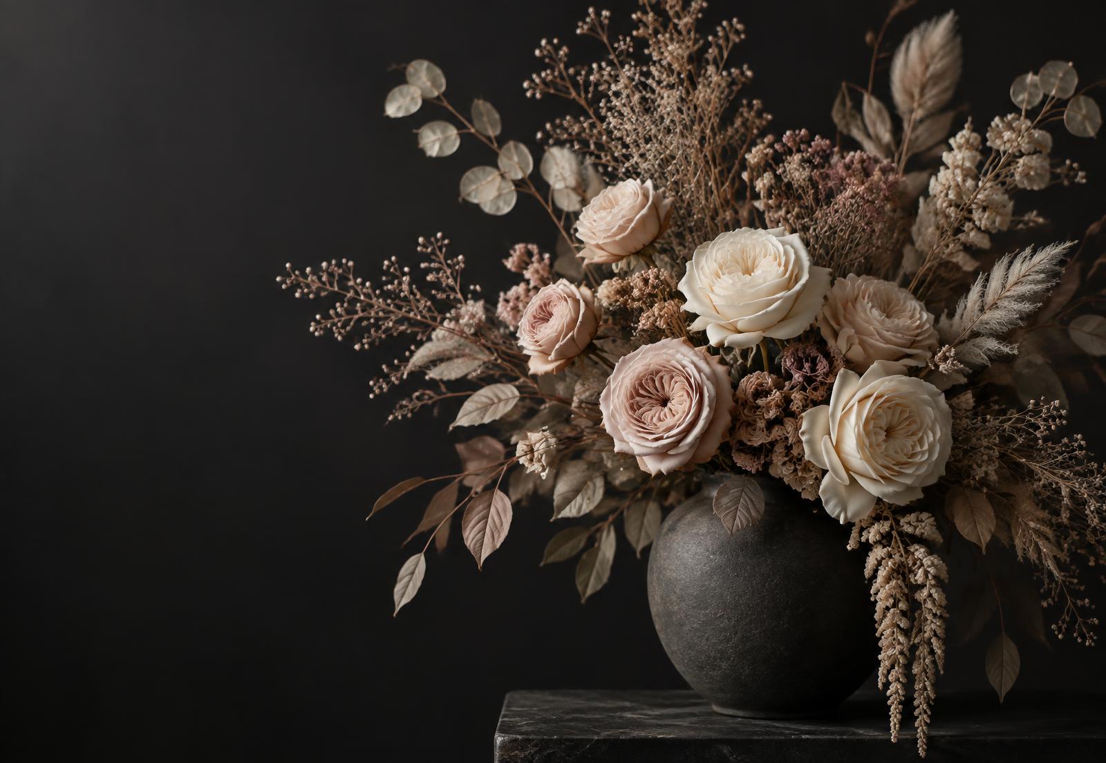 Luxury arrangement of ivory and blush roses with preserved botanicals in a dark vase
