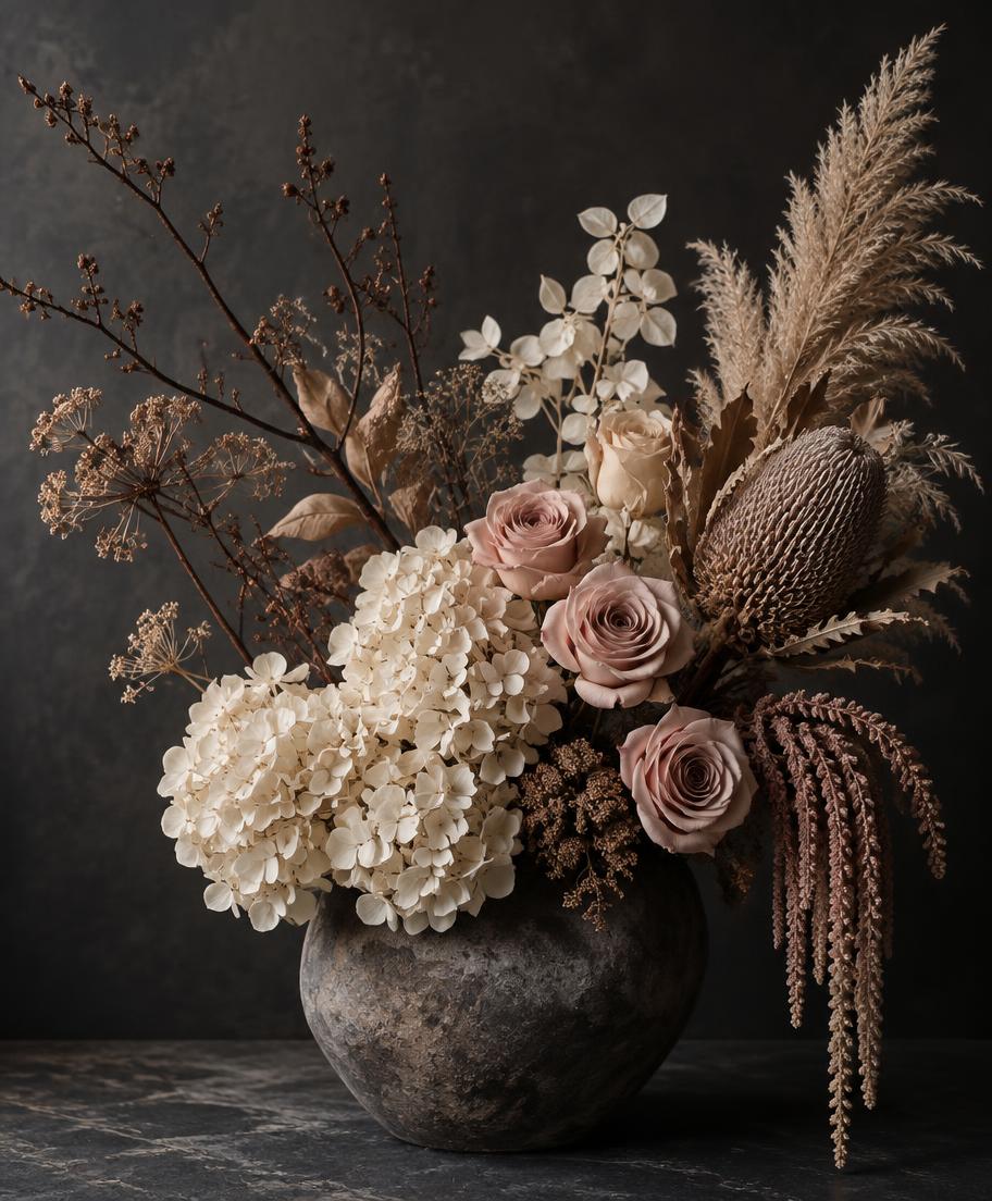 Soft preserved roses and ivory hydrangeas displayed in a sculptural vase